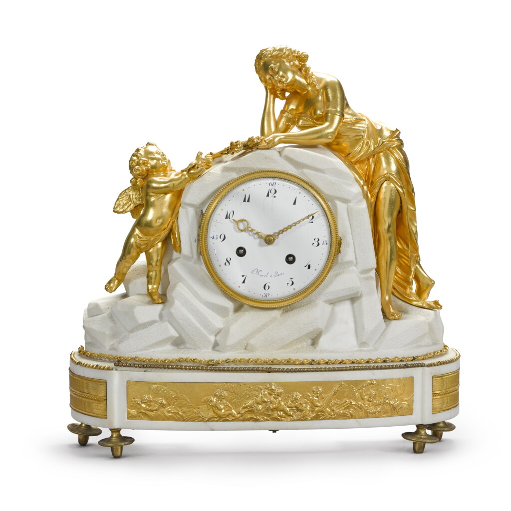 View full screen - View 1 of Lot 248. A Louis XVI gilt-bronze and white marble mantel clock, circa 1790.