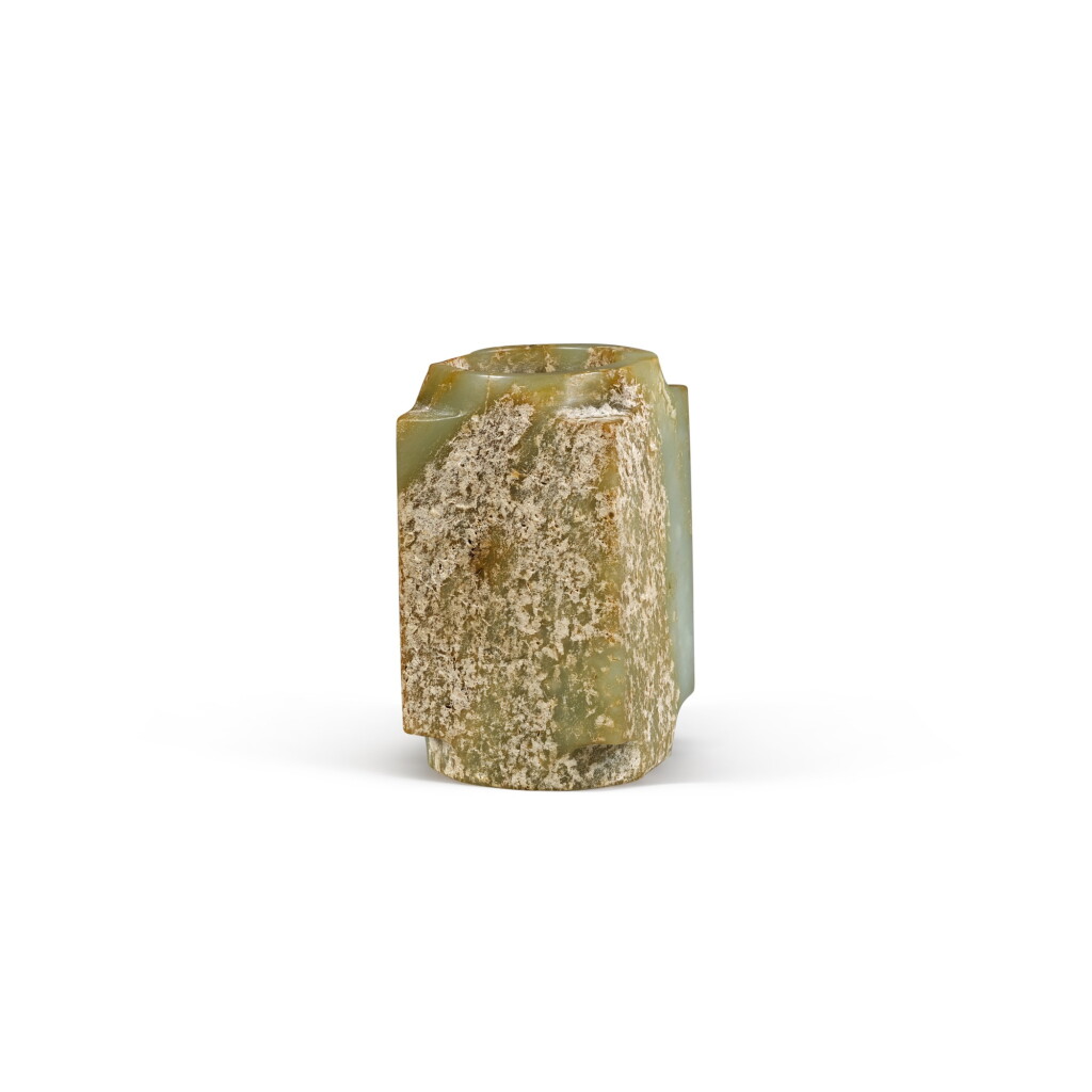 View full screen - View 1 of Lot 12. A mottled celadon jade cong Western Zhou Dynasty or later | 西周或以後 玉琮.