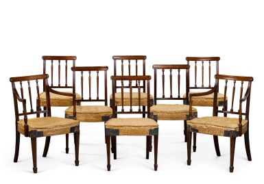 View full screen - View 1 of Lot 107. A SET OF EIGHT GEORGE III MAHOGANY DINING CHAIRS, LATE 18TH CENTURY/EARLY 19TH CENTURY.
