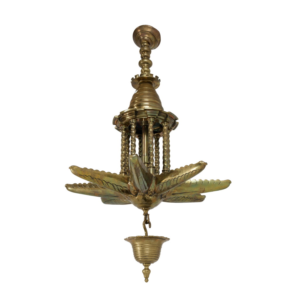 View full screen - View 1 of Lot 205. A Brass Temple-Form Hanging Sabbath Lamp, German or Polish, 19th century.