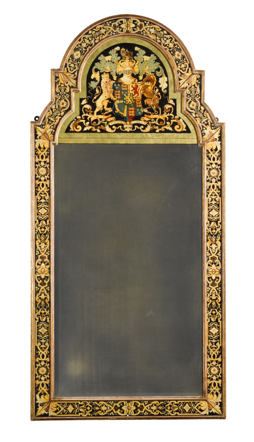 View full screen - View 1 of Lot 40. A William III style polychrome and gilt verre eglomisé armorial marginal pier mirror, early 20th century.