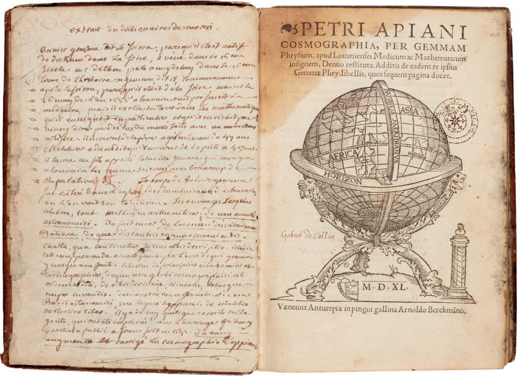 View full screen - View 1 of Lot 177. Petrus Apianus | Cosmographia, Antwerp, calf, 1540, describing the discovery of America by Vespucci.