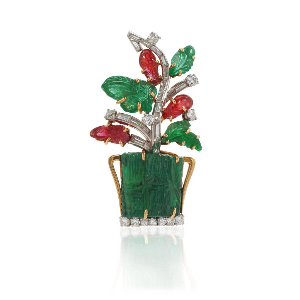 View full screen - View 1 of Lot 1096. Emerald, ruby and diamond brooch, 1950s.