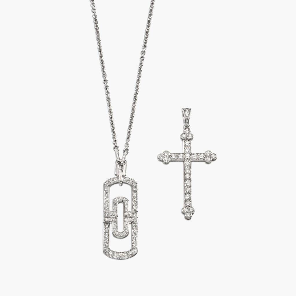 View full screen - View 1 of Lot 1352. Diamond 'Cross' Pendant and 'Parentesi' Pendent Necklace | 卡地亞 及 寶格麗 | 鑽石 掛墜 及 掛墜項鏈.