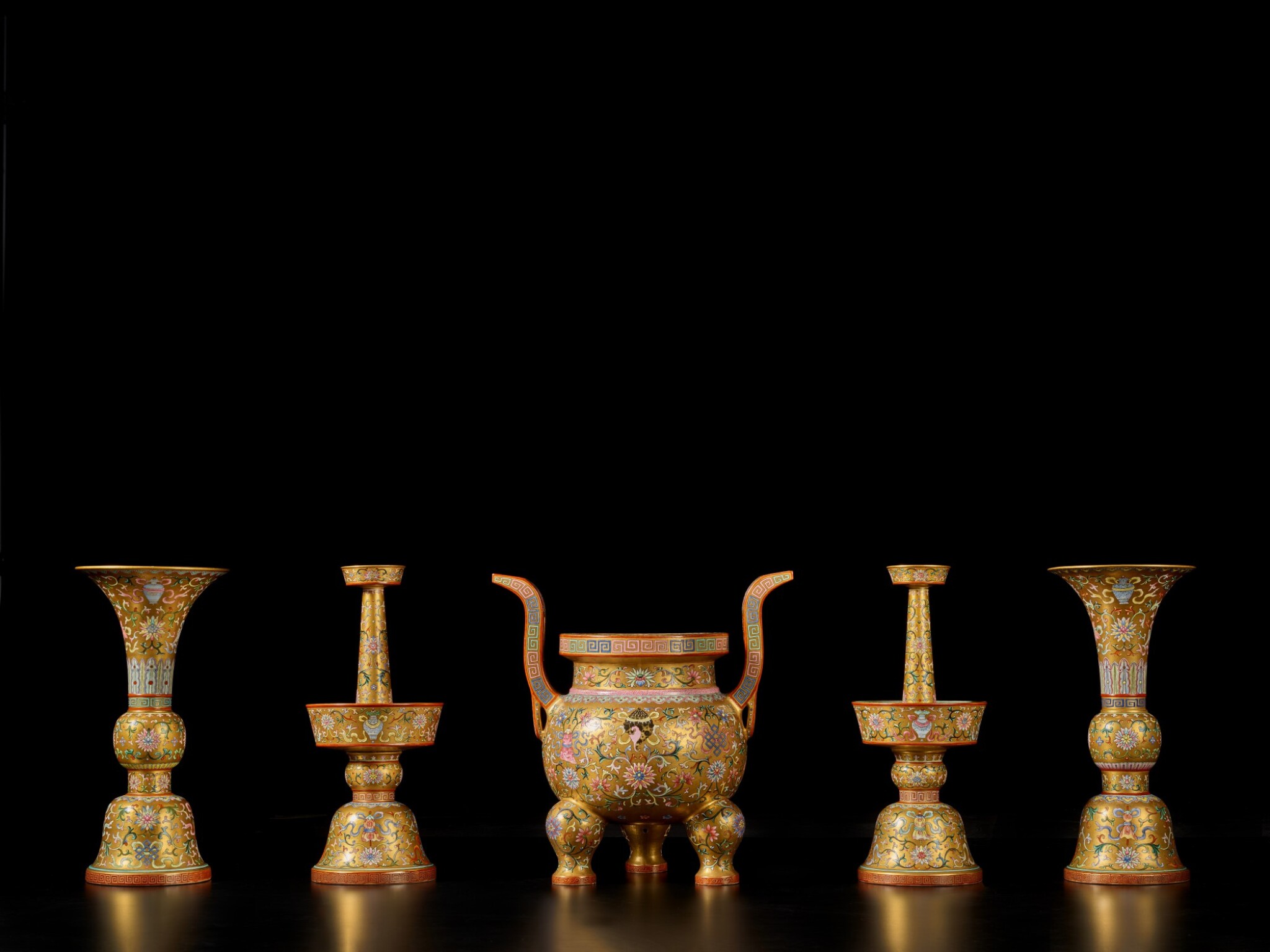 An Exceptionally Rare Gold Ground Famille Rose Five Piece Altar Set Wugong Seal Marks And Period Of Qianlong 清乾隆金地粉彩纏枝蓮八吉祥紋五供一套 大清乾隆年製 款 Important Chinese Art Sotheby S An Exceptionally Rare Gold Ground Famille Rose Five Piece Altar Set Wugong Seal Marks And Period Of Qianlong 清乾隆金地粉彩纏枝蓮八吉祥紋五供一套 大清乾隆年製 款 Important Chinese Art Sotheby S