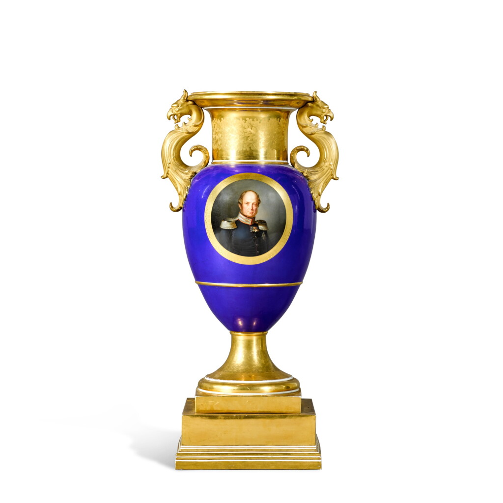 A Berlin (K.P.M.) blue-ground two-handled Royal portrait vase and