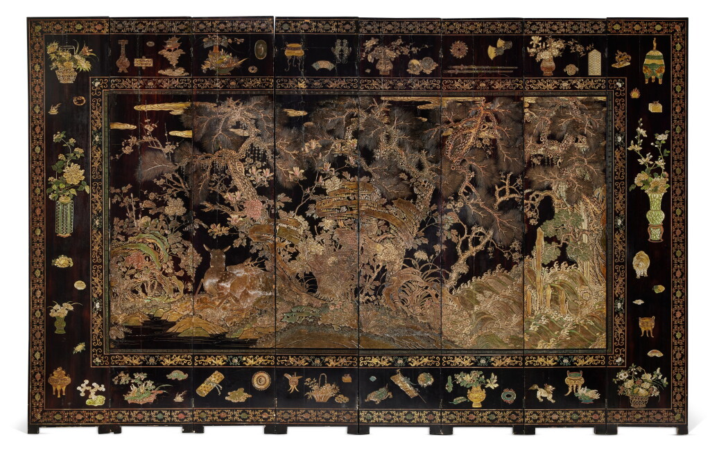View full screen - View 1 of Lot 48. An Eight-Panel Coromandel Lacquer 'Deer' Screen, Qing Dynasty, Kangxi Period | 清康熙 髹漆加彩刻瑞鹿圖八扇屏風.