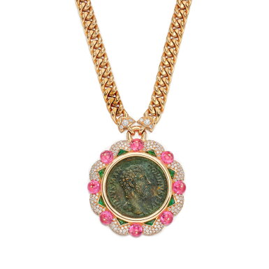 View full screen - View 1 of Lot 1850. 'Monete' Antique Coin, Gem Set and Diamond Pendent Necklace | 寶格麗 | 'Monete' 古代錢幣 配 寶石 及 鑽石 項鏈.