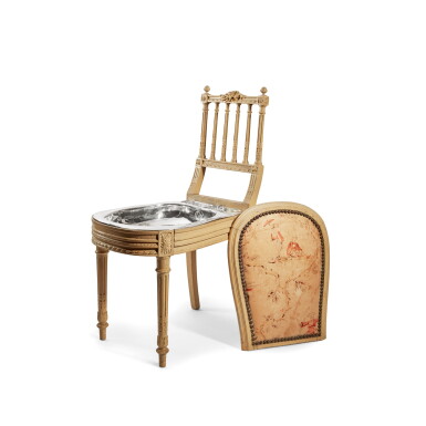 View full screen - View 1 of Lot 445. A Louis XVI Style Bidet Chair with an American Silver Basin, Tiffany & Co., New York, Late 19th Century.