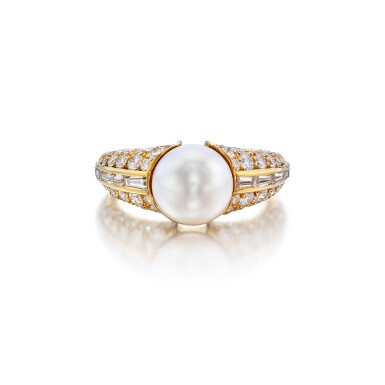 View full screen - View 1 of Lot 197. Cultured Pearl and Diamond Ring.