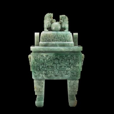 View full screen - View 1 of Lot 116. A large jadeite archaistic incense burner and cover, fangding | 翠玉仿古雙龍供壽雙獅鈕方鼎.