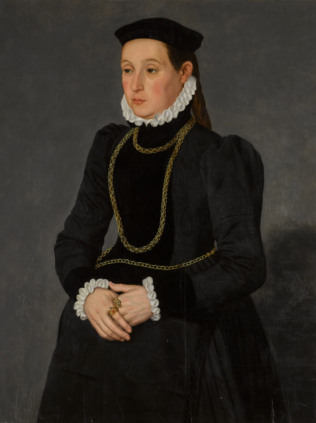 View full screen - View 1 of Lot 3. Portrait of a lady, possibly Margaretha Mertha, wife of Hendrik Pilgram, three-quarter length, wearing black with gold chains.