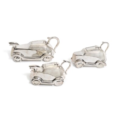 View full screen - View 1 of Lot 9. A STYLISH SILVER-PLATED MOTOR CAR TEA SET, MAPPIN & WEBB, 20TH CENTURY.