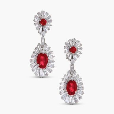 View full screen - View 1 of Lot 605. Elegant Pair of Ruby and Diamond Pendent Earclips 寶詩龍 典雅 3.98 及 3.26克拉 天然「緬甸鴿血紅」紅寶石 配 鑽石 耳夾一對.