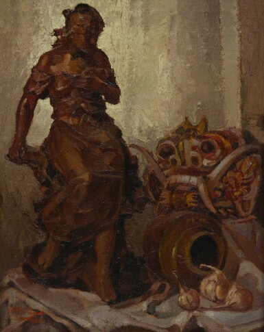 View full screen - View 1 of Lot 756. Lee Man Fong 李曼峰 | East Meets West, Topeng Mask and Statuette of a Girl 東西相遇,面具與女孩的雕像.