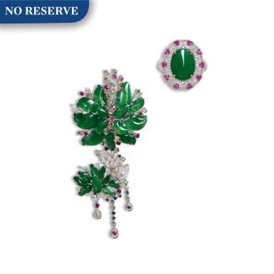 View full screen - View 1 of Lot 1632. JADEITE, DIAMOND AND GEM SET BROOCH / PENDANT; AND JADEITE, DIAMOND AND RUBY RING 天然翡翠 配 鑽石 及 寶石 別針/ 吊墜; 及 天然翡翠 配 鑽石 及 紅寶石 戒指.