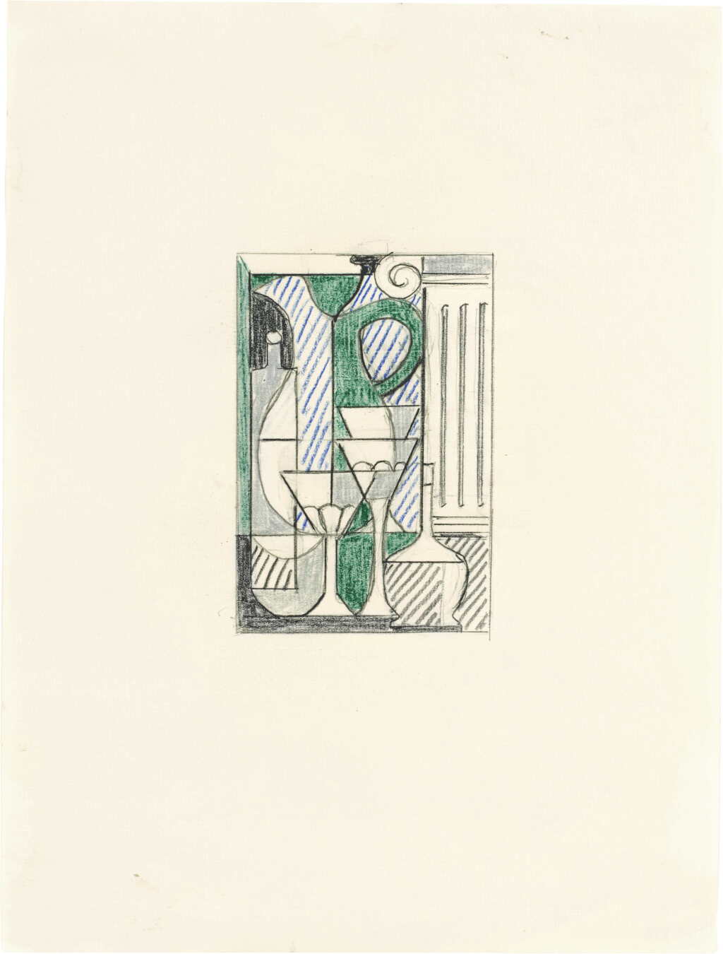 View full screen - View 1 of Lot 327. Purist Painting with Pitcher, Glass and Classical Column (Study).