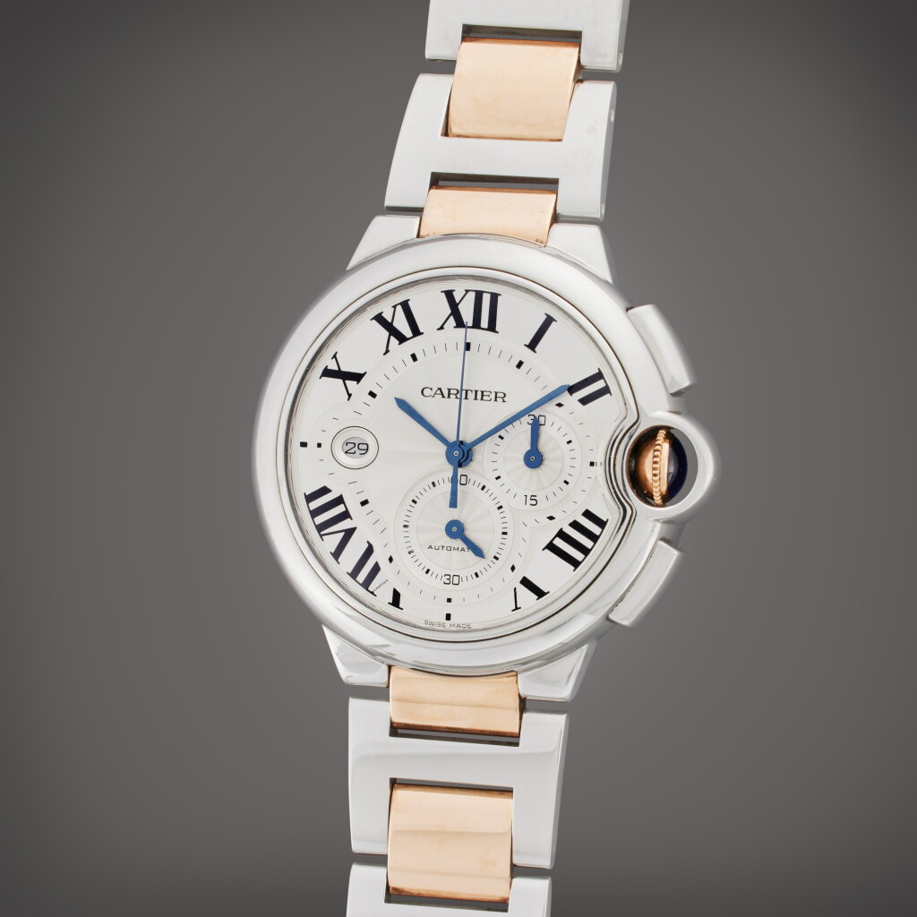 View full screen - View 1 of Lot 393. Reference 3109 Ballon Bleu | A pink gold and stainless steel automatic chronograph wristwatch with date and bracelet, Circa 2010.