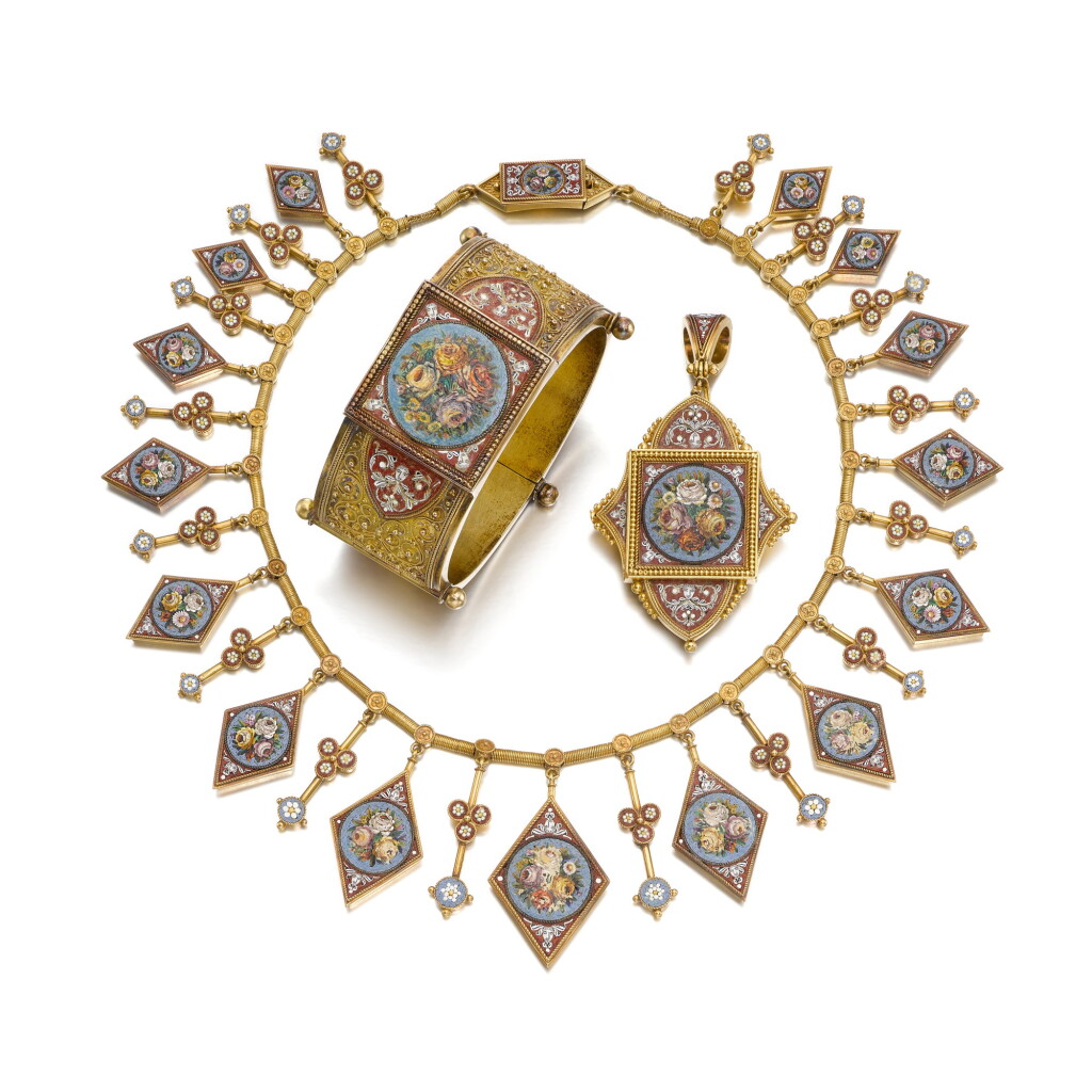 View full screen - View 1 of Lot 140. A micro-mosaic and gold demi-parure and a bangle, circa 1890.