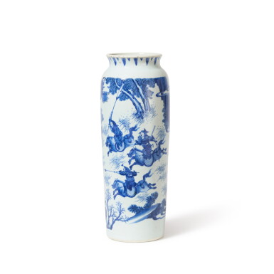 Eine blau-weiße Porzellan „Krieger“-Hülsenvase, China