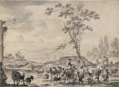 View full screen - View 1 of Lot 217. Italianate landscape with herders and their flocks fording a river.