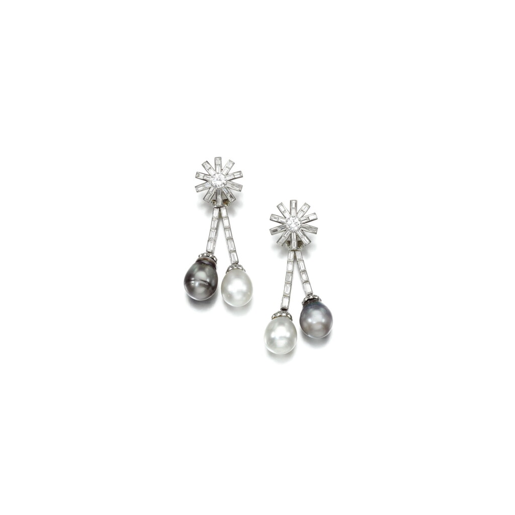 View full screen - View 1 of Lot 22. PAIR OF CULTURED PEARL AND DIAMOND EAR CLIPS.