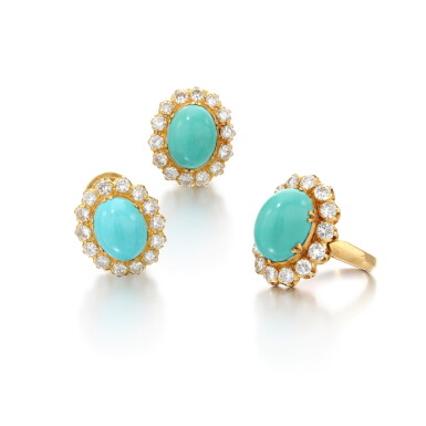 View full screen - View 1 of Lot 191. Turquoise and diamond demi-parure (Anello e orecchini in turchesi e diamanti).
