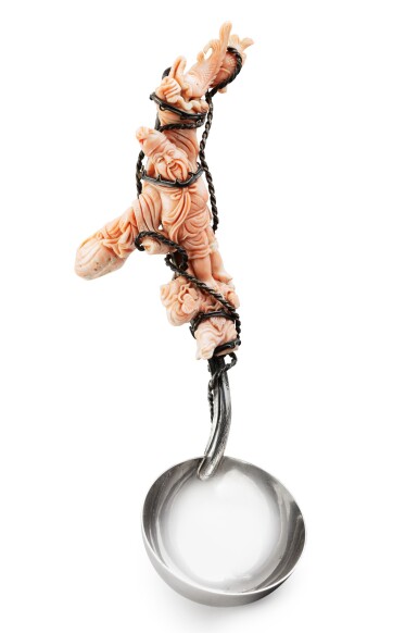 View full screen - View 1 of Lot 57. A Chinese silver and coral serving spoon, 20th century | Cuillère de service en argent et corail, Chine, XXe siècle.