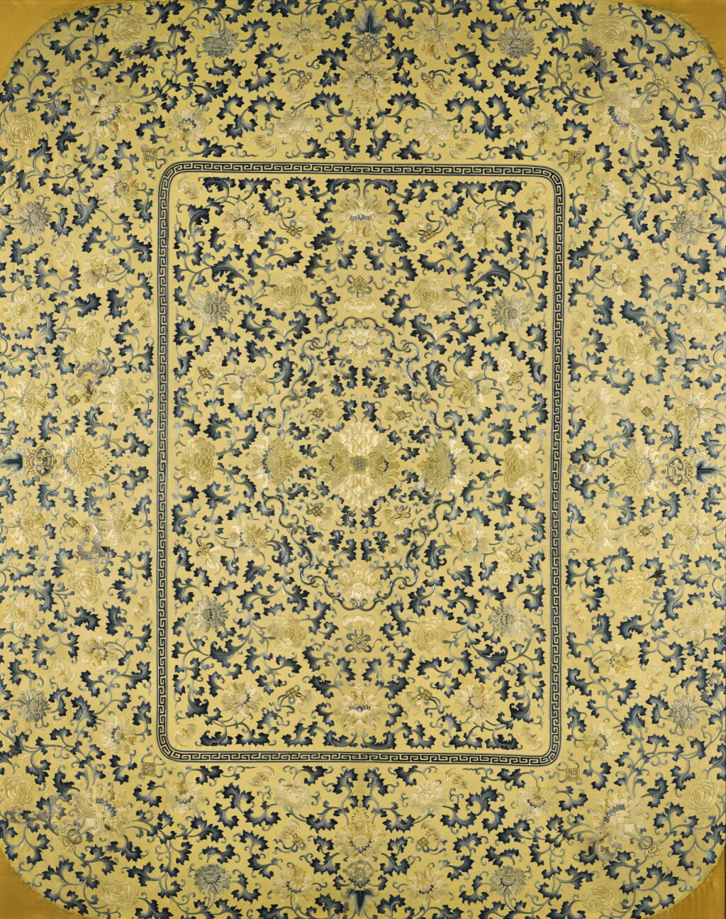 View full screen - View 1 of Lot 269. AN EMBROIDERED YELLOW-GROUND SILK SEAT COVER QING DYNASTY | 清 黃地繡花卉紋墊面.