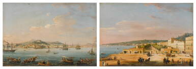 View full screen - View 1 of Lot 97. Naples, a pair of views: The Bay of Naples, an array of vessels on the water, with the city and Mount Vesuvius beyond; and The Villa Reale di Chiaia, with horses, carriages and figures.