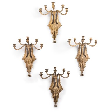 View full screen - View 1 of Lot 55. A set of four crane giltbronze wall-lights, 20th century | Suite de quatre appliques aux grues en bronze doré, XXe siècle.