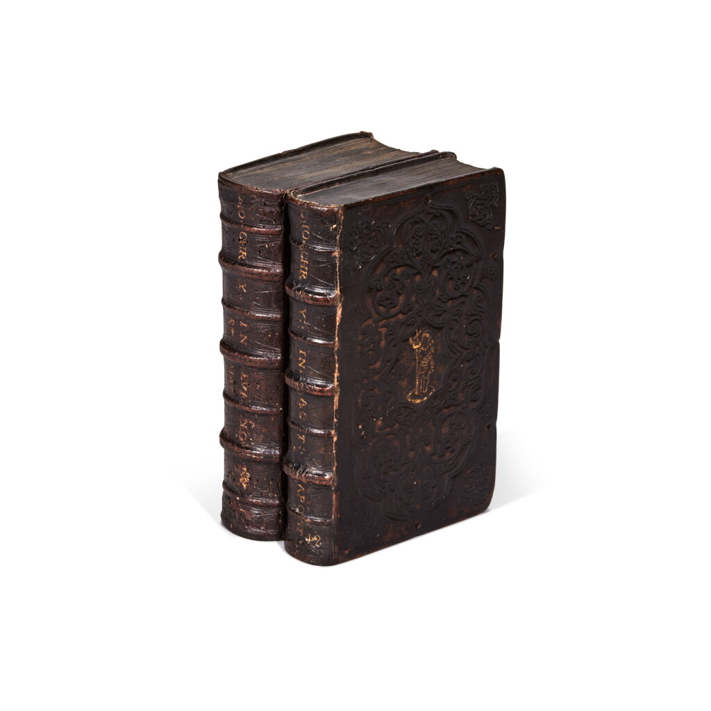 View full screen - View 1 of Lot 1130. Joannes Chrysostomus, In sanctum Jesu Christi evangelium secundum Joannem commentarii, and other works, Antwerp, 1542, Bolognese panel-stamped black morocco.
