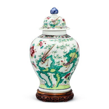 View full screen - View 1 of Lot 392. A famille-rose 'bird and flower' jar and cover Qing dynasty, 18th - 19th century | 清十八至十九世紀 粉彩花鳥圖蓋罐.