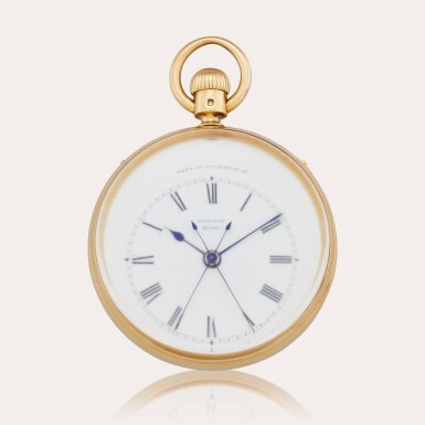 View full screen - View 1 of Lot 428. A rare yellow gold open-faced keyless single button split-seconds chronograph watch without reset, No. 26507, 1870-71.