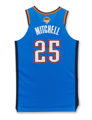 View full screen - View 1 of Lot 22. Ajay Mitchell Oklahoma City Thunder 2025 NBA Finals Game Worn Icon Edition Jersey | Game 2 | ‘Championship Run’.