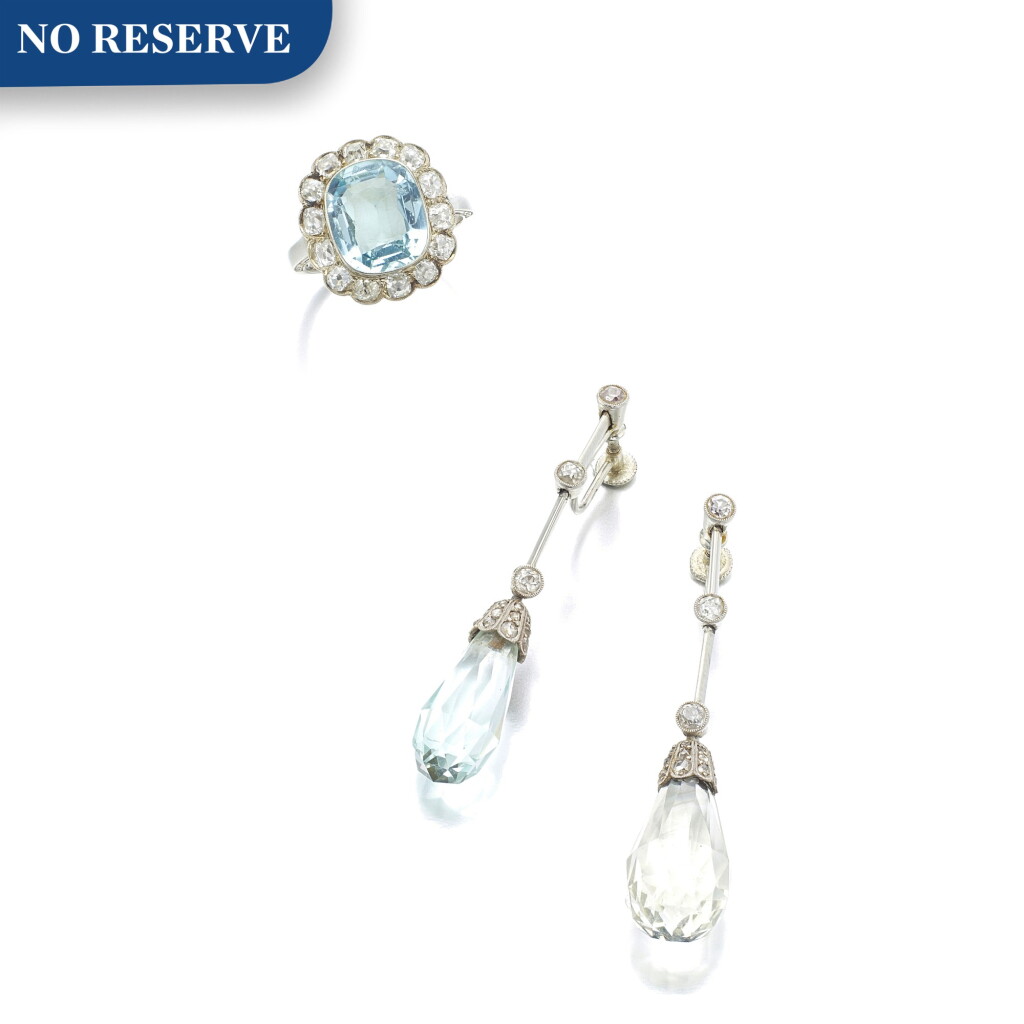 View full screen - View 1 of Lot 1145. Aquamarine and diamond ring and a pair of quartz and diamond pendent earrings.