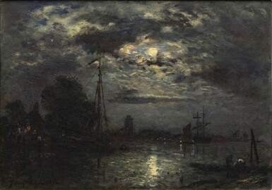View full screen - View 1 of Lot 827. Moonlit Harbor Scene.