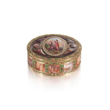 View full screen - View 1 of Lot 265. A Pearl-Set Gold, Burgau Shell and Enamel Snuff Box, Frères Souchay, Hanau, Circa 1780.