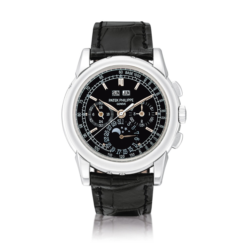 View full screen - View 1 of Lot 80. Ref. 5970, Platinum perpetual calendar chronograph wristwatch with moon phases, 24-hour and leap-year indication Circa 2009 | 百達翡麗 | 5970型號鉑金萬年曆計時腕錶備月相、24小時及閏年顯示,約2009年製.