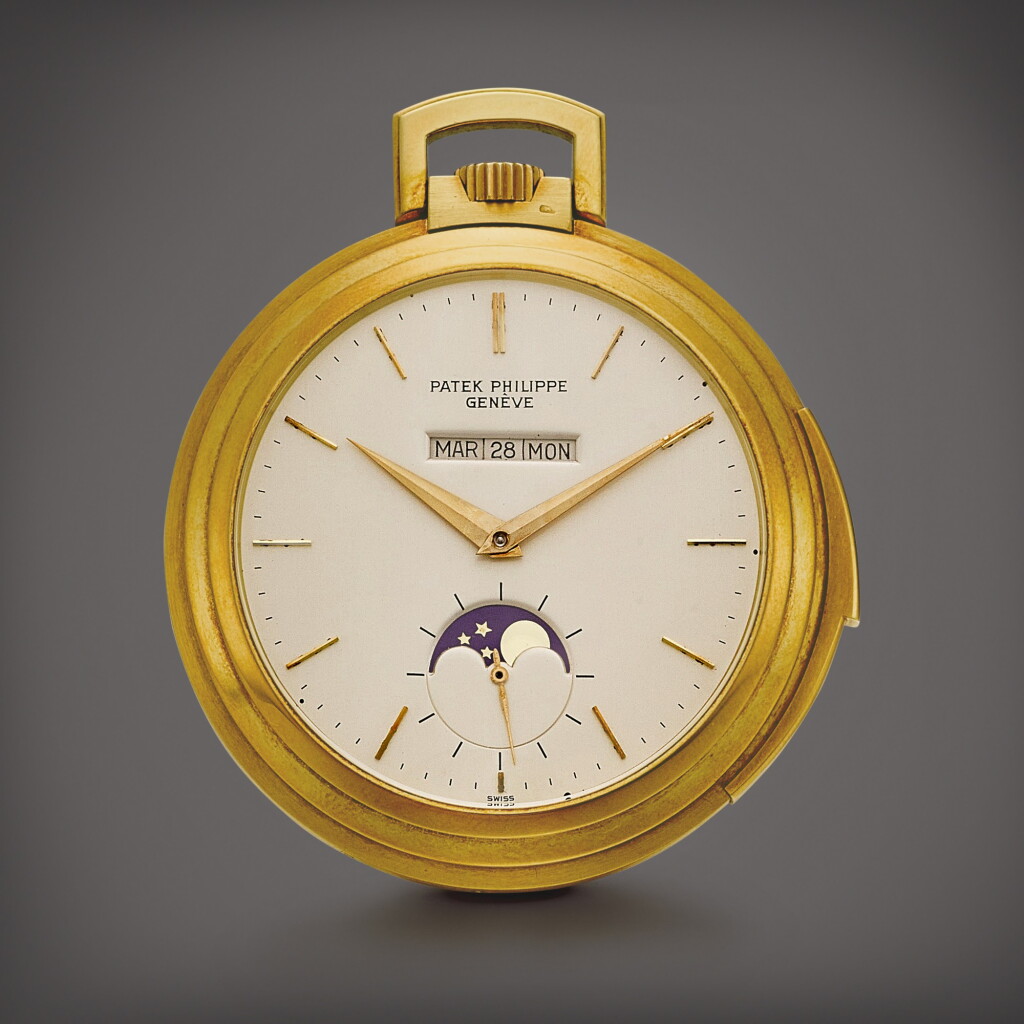 View full screen - View 1 of Lot 2023. Reference 844 | A yellow gold minute repeating openface watch with straight line perpetual calendar and moon phases, Retailed by Chronometre Beyer Zurich, Made in 1977 | 百達翡麗 | 型號844 | 黃金三問直線萬年曆懷錶,備月相顯示,由 Chronometre Beyer Zurich 發行,1977年製.