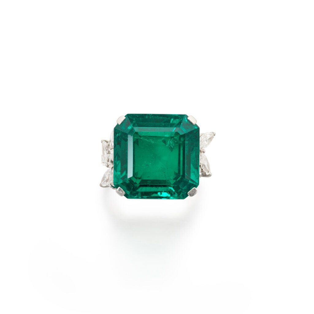 View full screen - View 1 of Lot 651. Exquisite emerald and diamond ring, circa 1962.