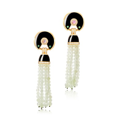 View full screen - View 1 of Lot 2816. Pair of 'Évasions Joaillières' Gem-set, Lacquer and Diamond Pendent Earrings 卡地亞 | 'Évasions Joaillières' 寶石 配 漆繪 及 鑽石 耳墜一對.