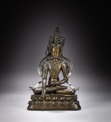 View full screen - View 1 of Lot 164. A copper-alloy figure of Akshobya Buddha, Tibet, 12th - 13th century | 十二至十三世紀 藏傳銅合金阿閦佛坐像.