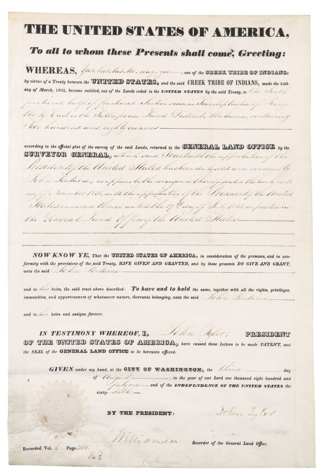 View full screen - View 1 of Lot 164. TYLER, JOHN | Document signed ("John Tyler), as 10th President, approving the sale of 281 acres of land in Alabama from Creek Indian "Yar-har-tus-tee-nug-gee" to John Fontaine, Washington, 3 August 1841.