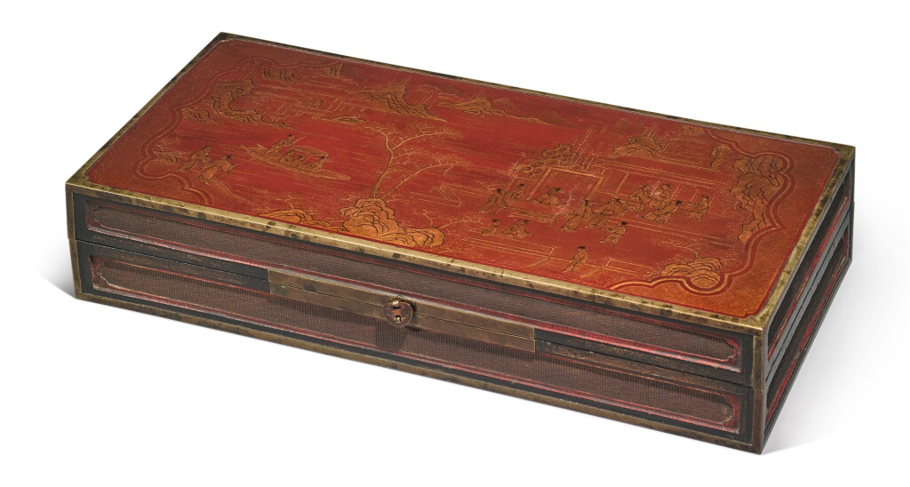 View full screen - View 1 of Lot 1122. A BROWN LACQUER AND GILT 'FIGURAL' RECTANGULAR BOX AND COVER, LATE MING / QING DYNASTY.