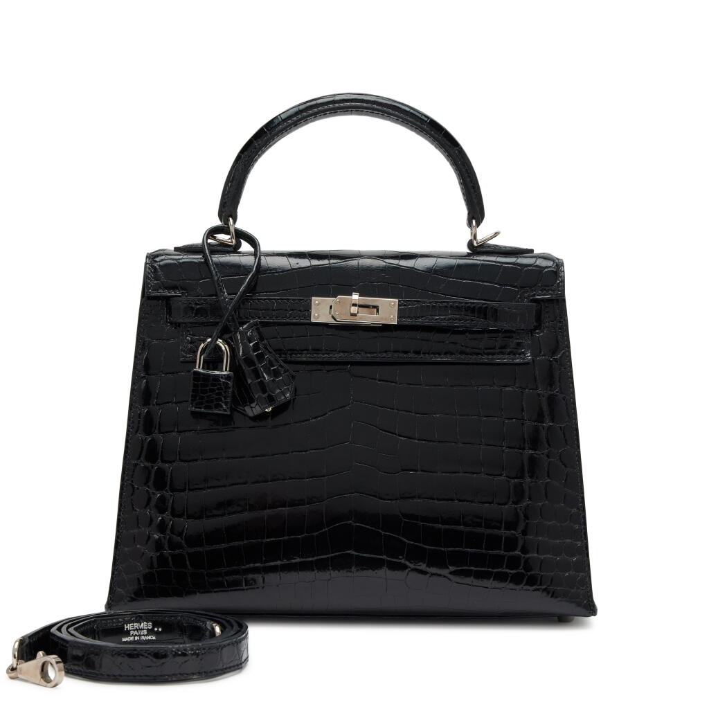 View full screen - View 1 of Lot 58. Black Shiny Niloticus Crocodile Kelly 25 Sellier Palladium Hardware, 2009.