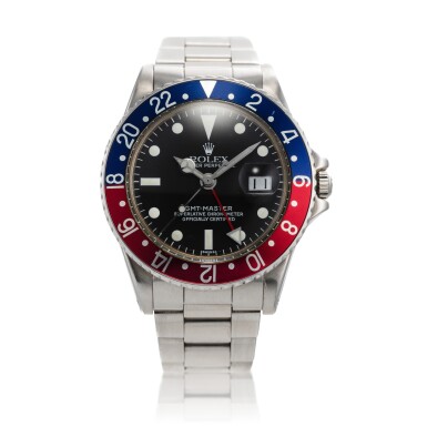 View full screen - View 1 of Lot 85. Reference1675 GMT-Master 'Pepsi' | A stainless steel automatic dual time wristwatch with date and bracelet, Circa 1978 | 勞力士 1675 型號 GMT-Master 'Pepsi' | 精鋼自動上鏈兩地時間鍊帶腕錶備日期顯示,約1978年製.