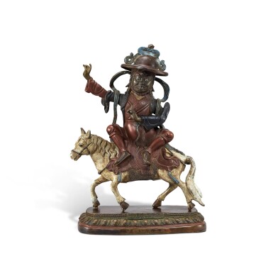 View full screen - View 1 of Lot 536. A rare cold-painted and gilt-lacquer bronze figure of Dharmapala, Mark and period of Qianlong 清乾隆 銅漆金彩繪馬王真識護法像 《大清乾隆年敬造》《馬王真識護法》《本根行德》款.