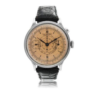 View full screen - View 1 of Lot 218. EBERHARD & CO | A LARGE STAINLESS STEEL CHRONOGRAPH WRISTWATCH WITH REGISTERS, TELEMETER AND TACHOMETER SCALES, CIRCA 1965 .