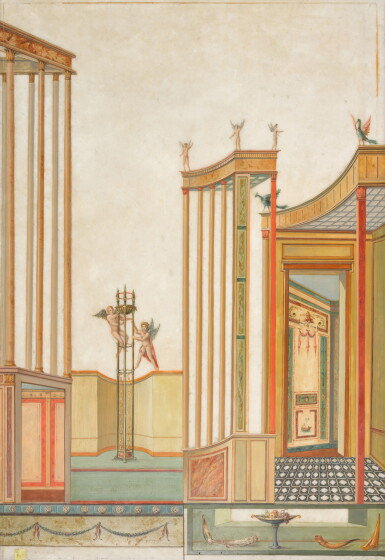 View full screen - View 1 of Lot 95. A neoclassical style painted white marble panel, possibly after the frescoes in the House of Vettii at Pompeii, second half 20th century.